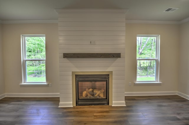 room details with hardwood / wood-style floors, crown molding, and a large fireplace