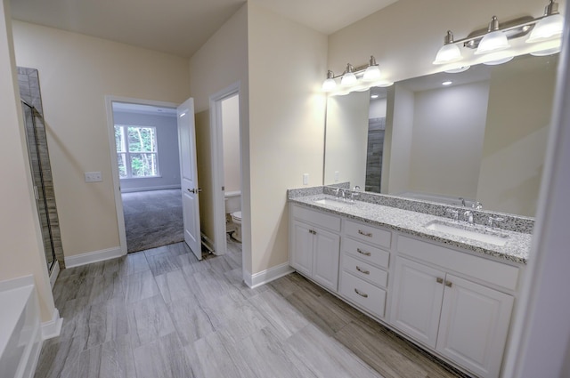 bathroom with vanity, hardwood / wood-style floors, and toilet