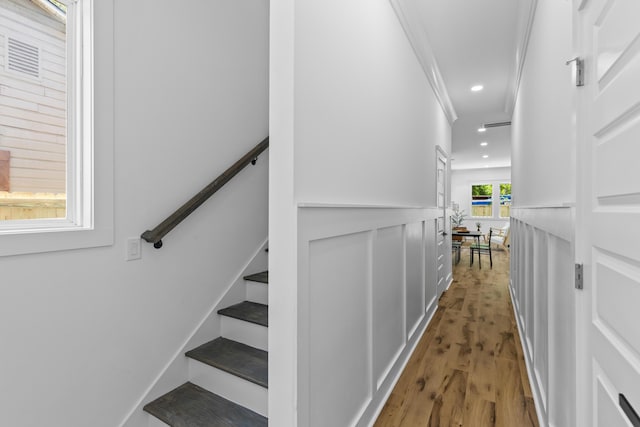 1917 Jason St, North Charleston, SC 29406 - stairs with a wainscoted wall, ornamental molding, recessed lighting, and wood finished floors