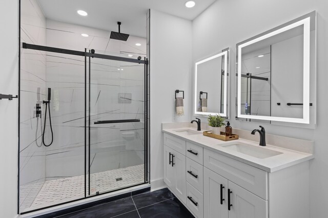1917 Jason St, North Charleston, SC 29406 - full bathroom with double vanity, a sink, a marble finish shower, and recessed lighting