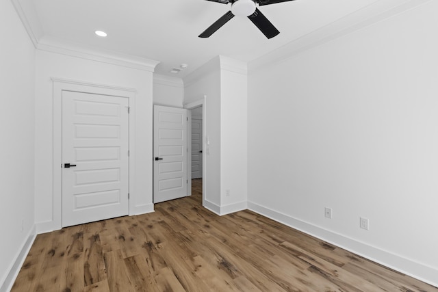 1917 Jason St, North Charleston, SC 29406 - unfurnished bedroom with recessed lighting, baseboards, a ceiling fan, wood finished floors, and ornamental molding