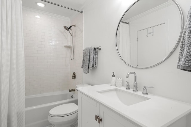 full bathroom featuring crown molding, vanity, toilet, and shower / tub combo