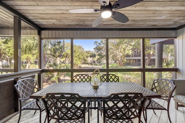 sunroom / solarium featuring wooden ceiling and ceiling fan