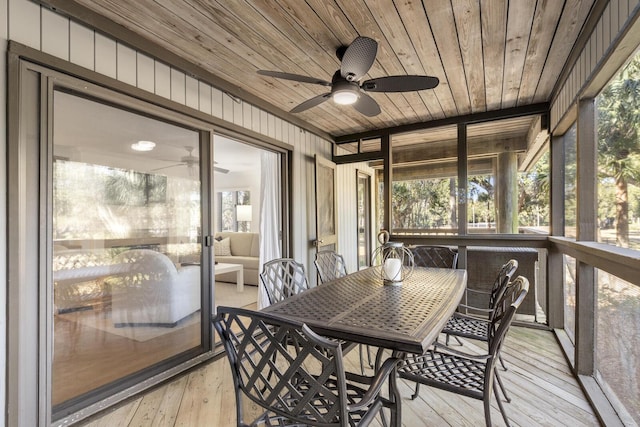 sunroom / solarium with wood ceiling and ceiling fan