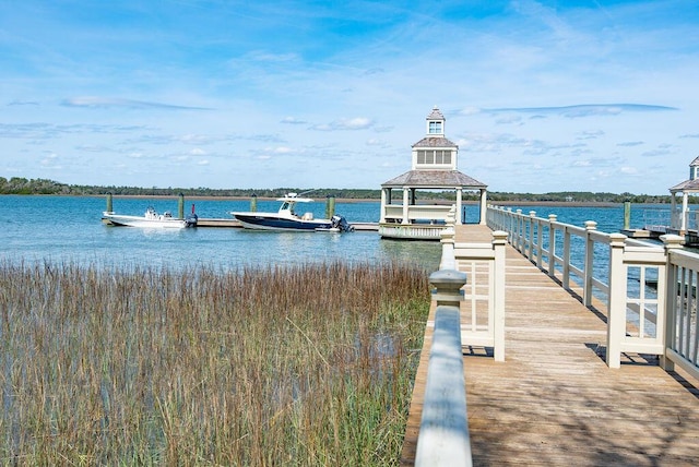 dock area featuring a water view and a gazebo