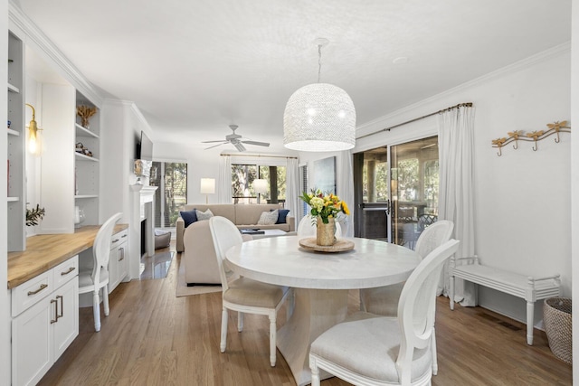 dining room featuring crown molding, ceiling fan, and light hardwood / wood-style flooring