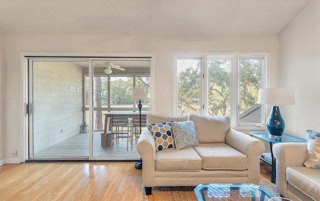 living room with ceiling fan and hardwood / wood-style floors