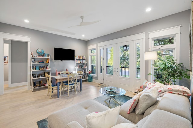 2213 Rolling Dune Rd, Seabrook Island, SC 29455 - living area with french doors, light wood-style floors, a ceiling fan, recessed lighting, and baseboards