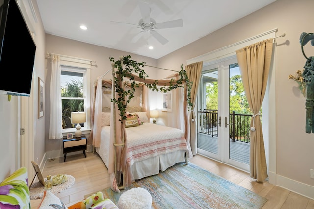 2213 Rolling Dune Rd, Seabrook Island, SC 29455 - bedroom featuring access to exterior, light wood-type flooring, baseboards, recessed lighting, and ceiling fan