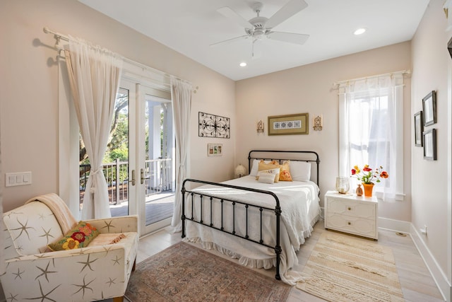 2213 Rolling Dune Rd, Seabrook Island, SC 29455 - bedroom featuring access to exterior, light wood finished floors, recessed lighting, baseboards, and ceiling fan