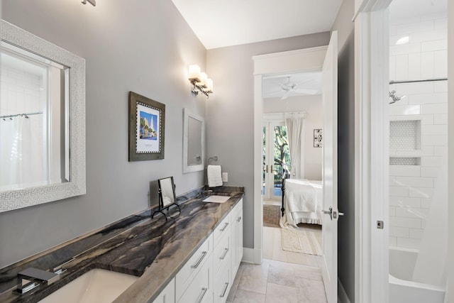 2213 Rolling Dune Rd, Seabrook Island, SC 29455 - full bath featuring double vanity, ceiling fan, connected bathroom, and shower / bathtub combination with curtain