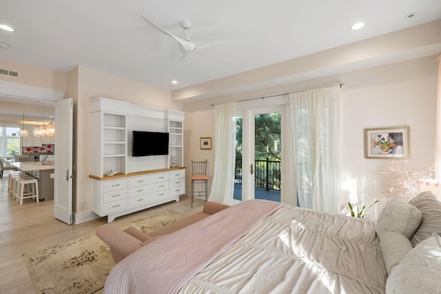 2213 Rolling Dune Rd, Seabrook Island, SC 29455 - bedroom featuring access to exterior, recessed lighting, light wood-style flooring, ceiling fan, and baseboards