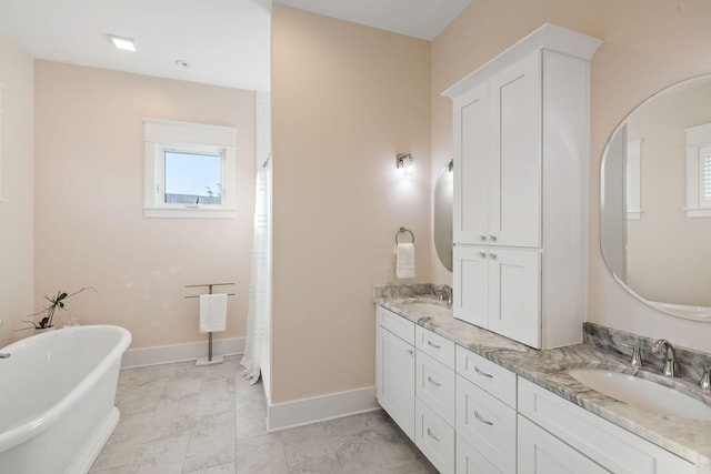 2213 Rolling Dune Rd, Seabrook Island, SC 29455 - full bath featuring double vanity, a freestanding bath, baseboards, and curtained shower