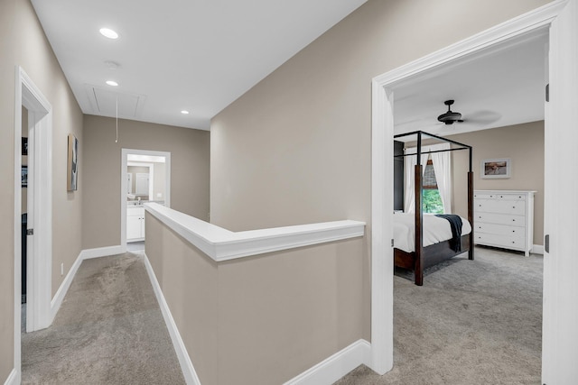 5725 Caviar Ct, Johns Island, SC 29455 - hall featuring attic access, light carpet, baseboards, an upstairs landing, and recessed lighting