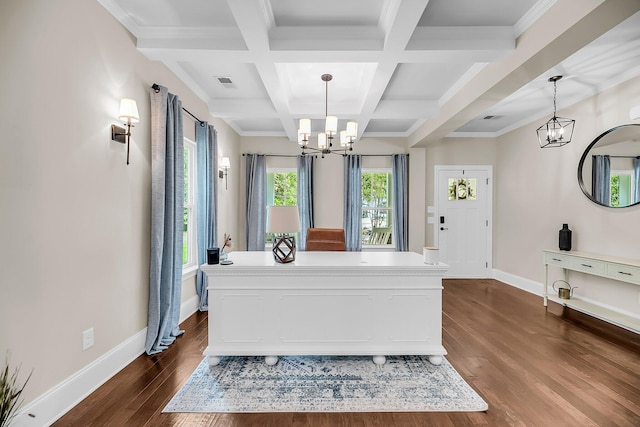 5725 Caviar Ct, Johns Island, SC 29455 - office with a chandelier, baseboards, dark wood finished floors, beamed ceiling, and coffered ceiling