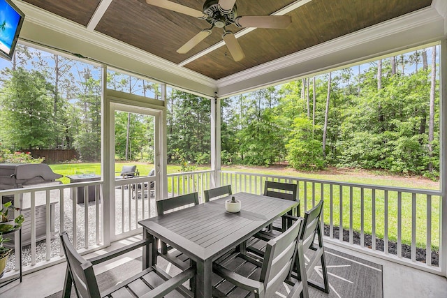 5725 Caviar Ct, Johns Island, SC 29455 - sunroom featuring a ceiling fan, plenty of natural light, and view of wooded area