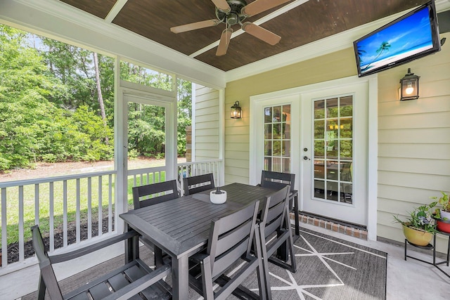 5725 Caviar Ct, Johns Island, SC 29455 - sunroom featuring french doors, a ceiling fan, and outdoor dining space