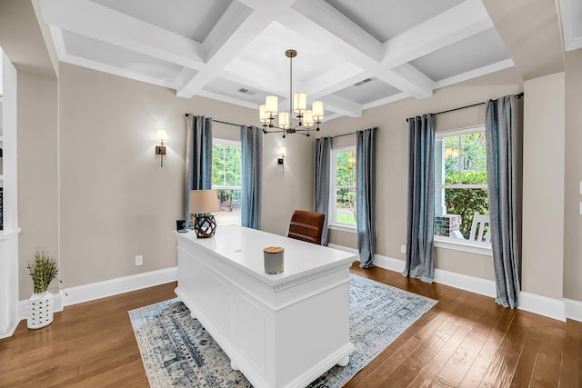 5725 Caviar Ct, Johns Island, SC 29455 - office space with wood-type flooring, healthy amount of natural light, a chandelier, coffered ceiling, and beamed ceiling