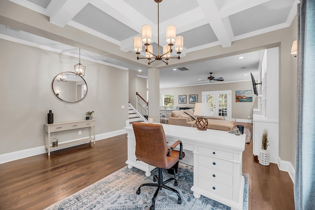 5725 Caviar Ct, Johns Island, SC 29455 - office area featuring a chandelier, coffered ceiling, dark wood-style flooring, beamed ceiling, and recessed lighting