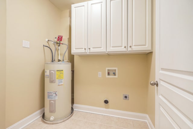 washroom featuring washer hookup, electric water heater, cabinets, electric dryer hookup, and light tile patterned floors