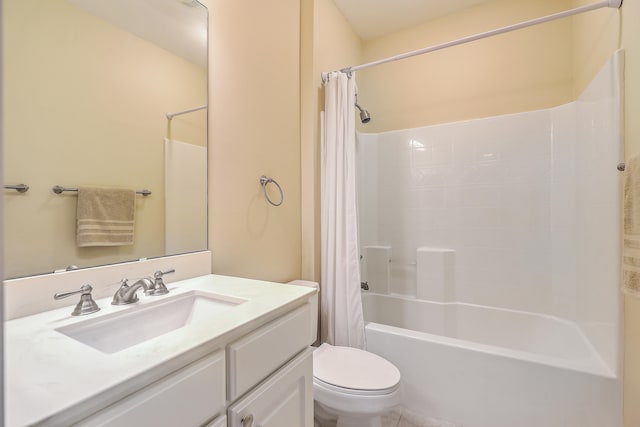 full bathroom with toilet, vanity, and shower / bathtub combination with curtain