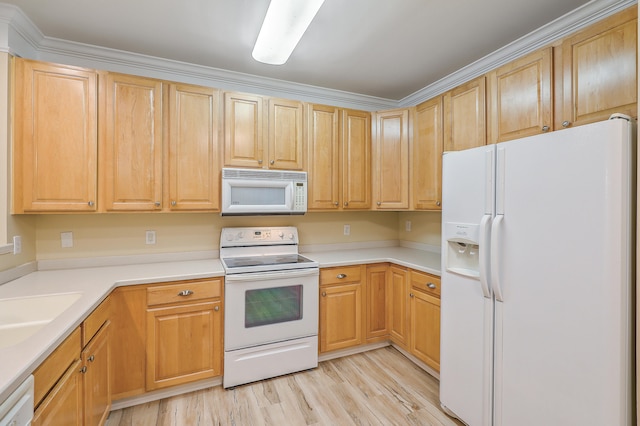 kitchen with light hardwood / wood-style floors, ornamental molding, white appliances, and light brown cabinetry