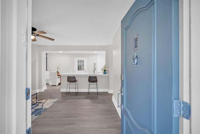 entrance foyer with ceiling fan, hardwood / wood-style flooring, and sink