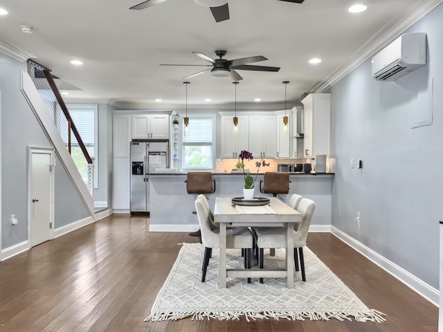 4 Line St, Charleston, SC 29403 - dining space with an AC wall unit, recessed lighting, dark wood-type flooring, ceiling fan, and crown molding