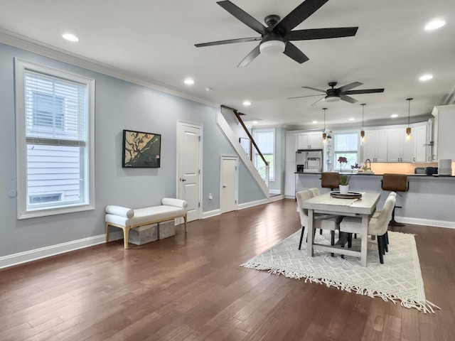 4 Line St, Charleston, SC 29403 - dining space with ornamental molding, a ceiling fan, dark wood finished floors, recessed lighting, and stairway