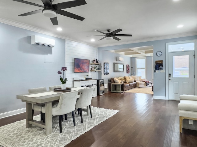 4 Line St, Charleston, SC 29403 - dining room featuring a wall mounted AC, ornamental molding, dark wood-style floors, recessed lighting, and a ceiling fan