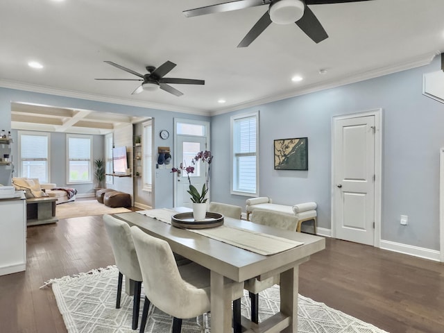 4 Line St, Charleston, SC 29403 - dining area featuring ceiling fan, crown molding, healthy amount of natural light, dark wood-type flooring, and recessed lighting