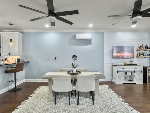 4 Line St, Charleston, SC 29403 - dining space featuring a ceiling fan, a wall mounted air conditioner, dark wood-type flooring, recessed lighting, and ornamental molding