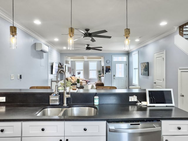 4 Line St, Charleston, SC 29403 - kitchen with dishwasher, an AC wall unit, open floor plan, dark countertops, and ornamental molding