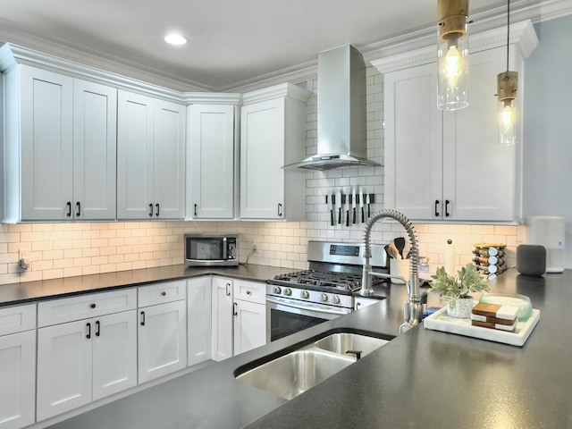4 Line St, Charleston, SC 29403 - kitchen featuring wall chimney exhaust hood, dark countertops, stainless steel appliances, backsplash, and recessed lighting