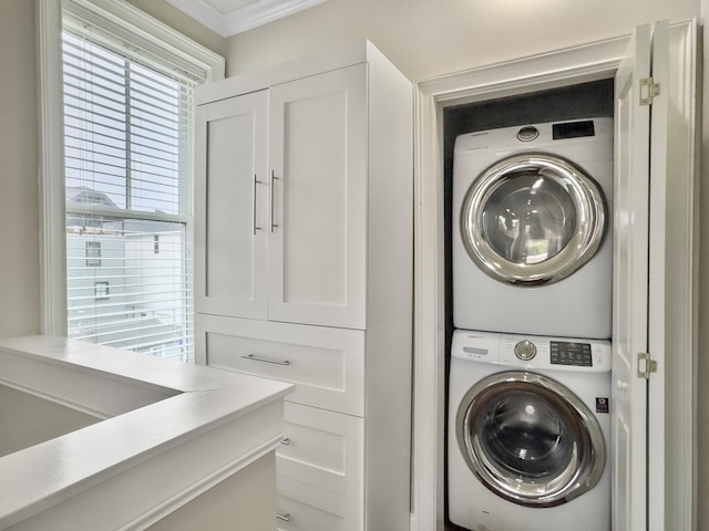 4 Line St, Charleston, SC 29403 - laundry area with estacked washer and dryer and ornamental molding