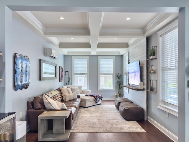 4 Line St, Charleston, SC 29403 - living room featuring an AC wall unit, coffered ceiling, plenty of natural light, beamed ceiling, and ornamental molding