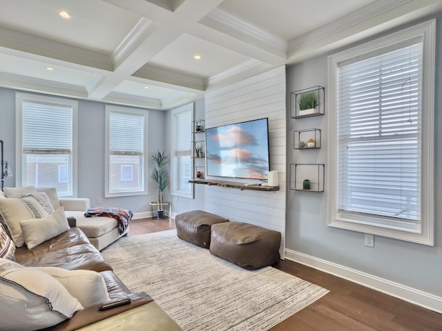 4 Line St, Charleston, SC 29403 - living area with beam ceiling, wood finished floors, coffered ceiling, recessed lighting, and crown molding