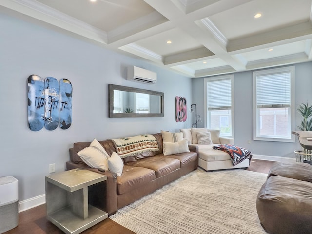 4 Line St, Charleston, SC 29403 - living area with dark wood-type flooring, a wall unit AC, beamed ceiling, recessed lighting, and coffered ceiling
