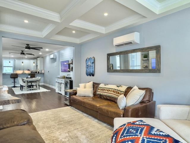 4 Line St, Charleston, SC 29403 - living area featuring a wall mounted AC, dark wood-style floors, crown molding, beamed ceiling, and ceiling fan