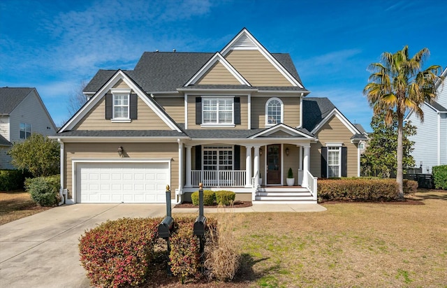 view of front facade with roof with shingles, a porch, a garage, driveway, and a front lawn