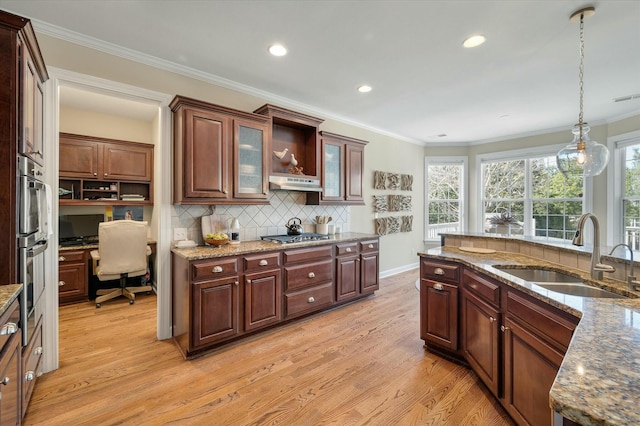 kitchen with light wood-type flooring, under cabinet range hood, ornamental molding, and a sink