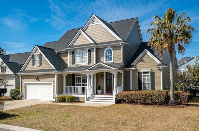 view of front of property with covered porch, a garage, concrete driveway, roof with shingles, and a front yard