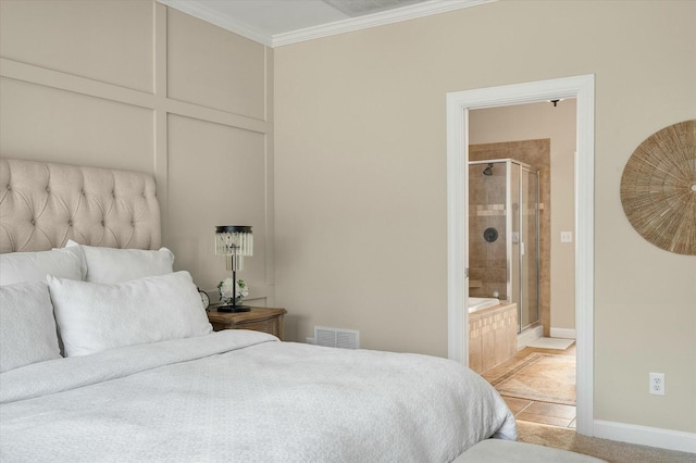 bedroom with visible vents, ornamental molding, light tile patterned flooring, ensuite bath, and baseboards