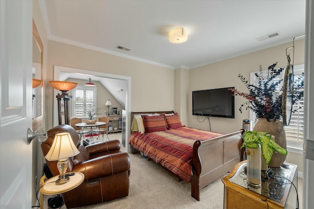 bedroom with vaulted ceiling, carpet flooring, visible vents, and crown molding