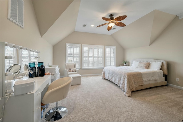 carpeted bedroom featuring visible vents, vaulted ceiling, baseboards, and ceiling fan