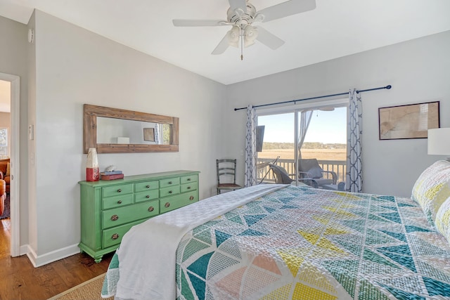 bedroom with dark wood-type flooring, access to exterior, and ceiling fan