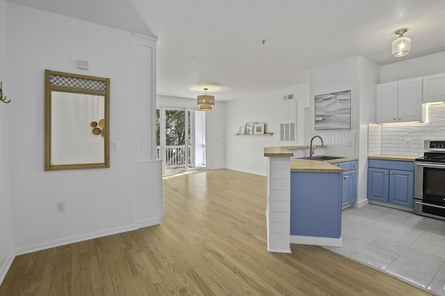 kitchen with a peninsula, electric range, a sink, light countertops, and tasteful backsplash