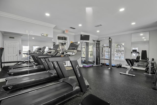 exercise room with recessed lighting, visible vents, and crown molding