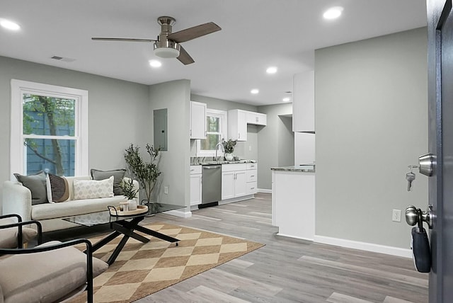 living room featuring ceiling fan, light wood-type flooring, a wealth of natural light, and electric panel