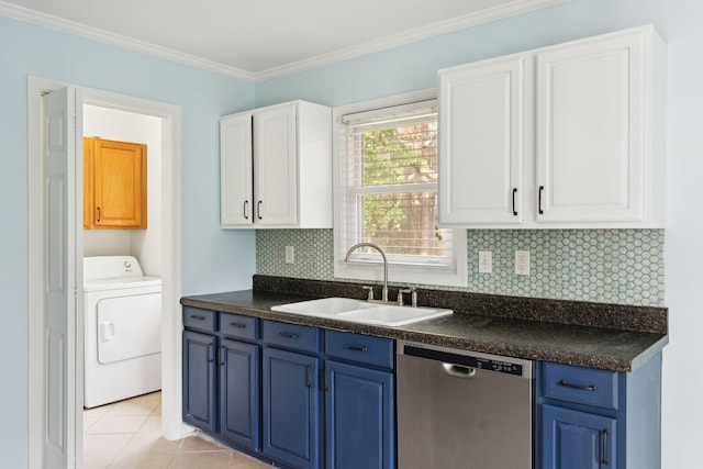 kitchen featuring blue cabinets, a sink, white cabinets, stainless steel dishwasher, and washer / clothes dryer